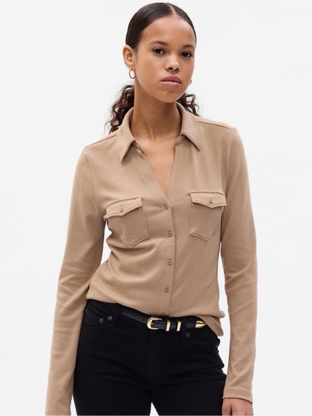 GAP Women's Tan Button-Front Shirt with Chest Pockets